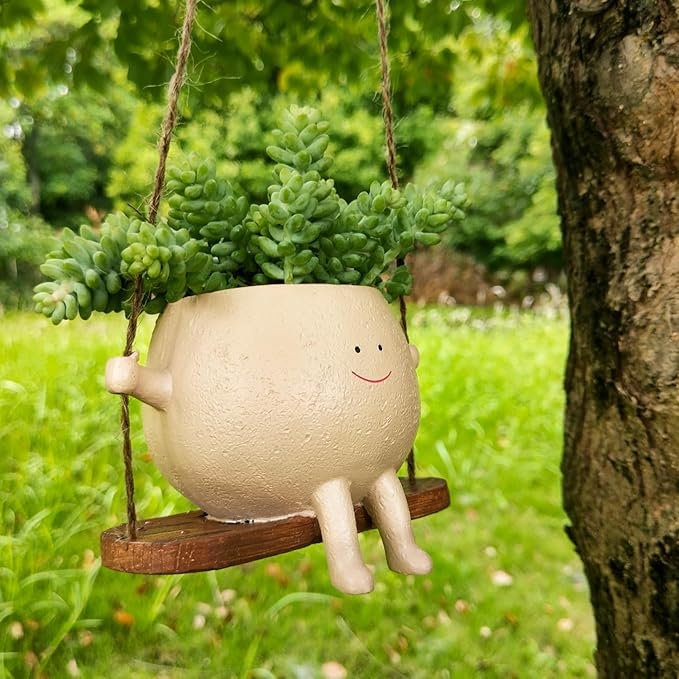 Swing Face Planter Pot Hanging Resin Flower Head Planters for Indoor Outdoor Plants Succulent Pots for String of Pearls Plant Live Gift Ideas for Mother, Christmas UMESONG