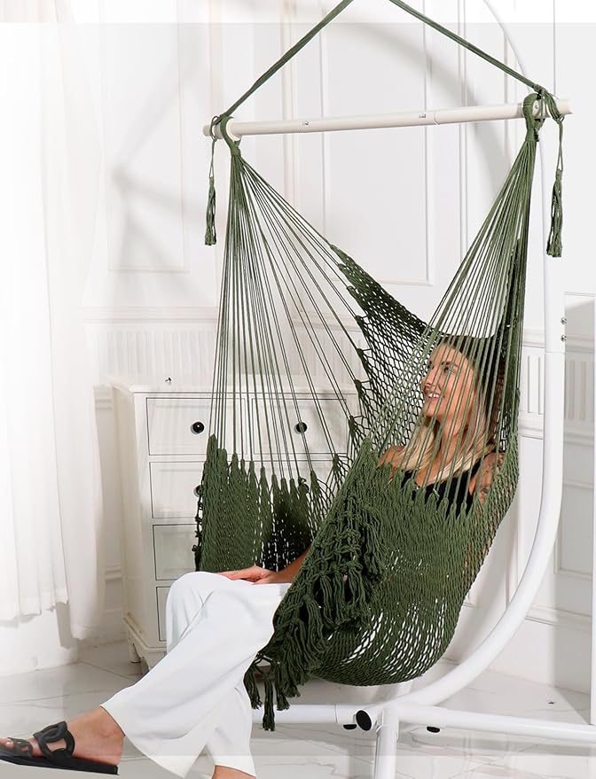 Chihee Hammock Chair Super Large Hanging Chairs Soft-Spun Cotton Rope Woven Chair, Collapsible Strong Metal Spreader Bar Wide Seat Lace Stretch Swing Chairs Indoor Outdoor Garden Yard Theme Decoration Chihee