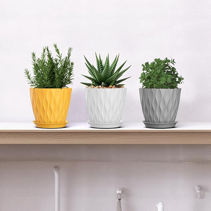 5 Inch Planter Pots, 6 Pack Indoor Planters, Small Flower Pots with Drainage Holes and Tray for Succulents, Orchids, Herbs and Other Indoor Plants (Orange+Grey+White, 5inch) SQKH