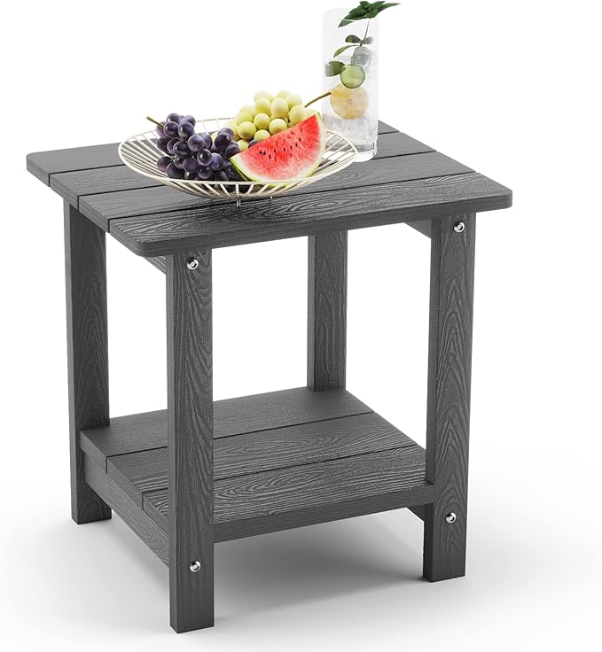 LUE BONA Adirondack Outdoor Side Table, 2-Tier Dark Grey HDPS Patio End Table Weather Resistant, Morden Side Table for Patio, Pool, Porch LUEBONA