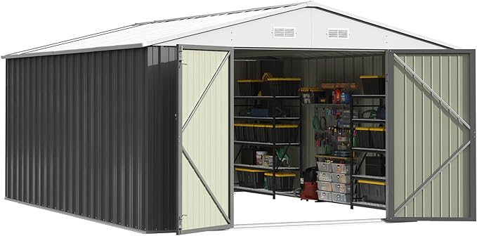 Patiowell 10x14 FT Outdoor Storage Shed, Large Metal Garden Shed with Lockable Door and Sloping Roof, Outside Steel Utility Tool Sheds for Backyard Lawn Garden Patio, Grey Patiowell