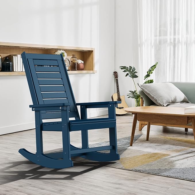 GREENVINES Outdoor Rocking Chairs | Porch Rocker | HDPE Plastic | Blue | Oversized Rockers | High Back | Big & Tall | Ladder Back | for Patio Outside Backyard Balcony Garden GreenVines