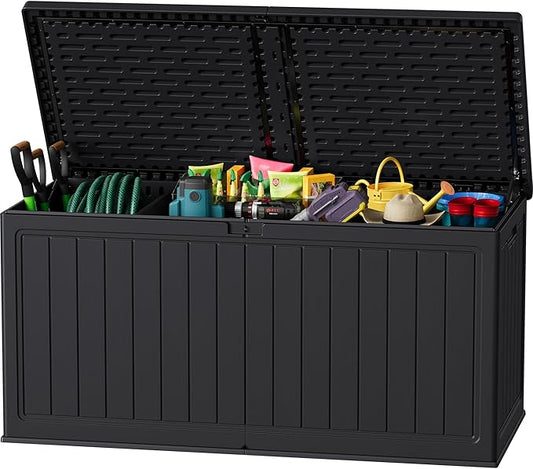 JUMMICO 270 Gallon Outdoor Storage Deck Box with Divider, Double Wall Storage Box with Lockable Lid for Garden Tools, Pools Supplies (Black) JUMMICO