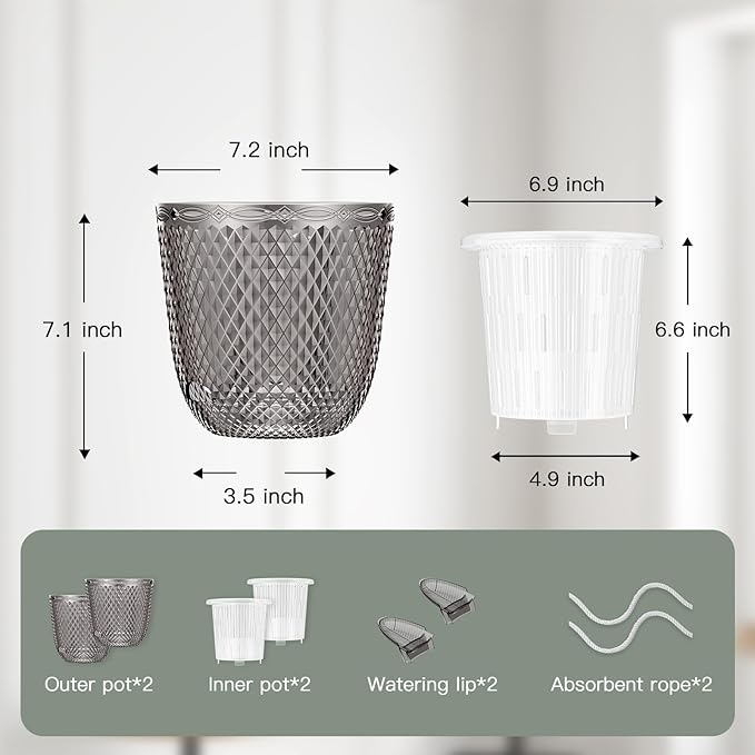 QCQHDU 2 Pack Self Watering Pots, 7.2 Inch Flower Pots with Drainage Holes and Water Filling Port, Garden Planter for Indoor Outdoor Plants (Gray) QCQHDU