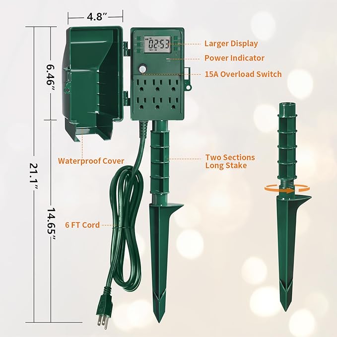SURAIELEC Outdoor Power Stake, 7-Day Programmable Digital Timer, Power Strip Weatherproof, 6 Multi Plug Electrical Outlet Waterproof, 6FT Extension Cord, for Outside Yard Light, Christmas Decorations SURAIELEC