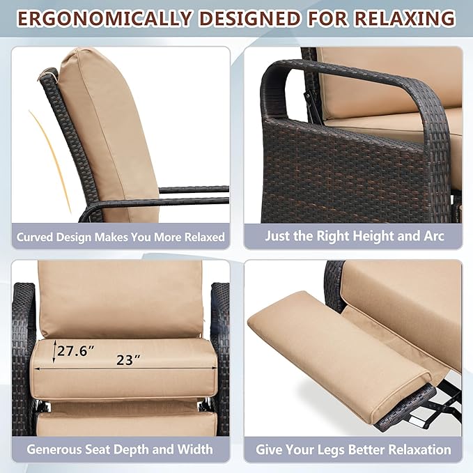 ATR ART TO REAL Outdoor Recliner, Outdoor Wicker Recliner Chair with 5.12'' Cushions, Automatic Adjustable Patio Chaise Lounge Chairs, Aluminum Frame. UV Protected and Rustless (Khaki) ATRARTTOREAL