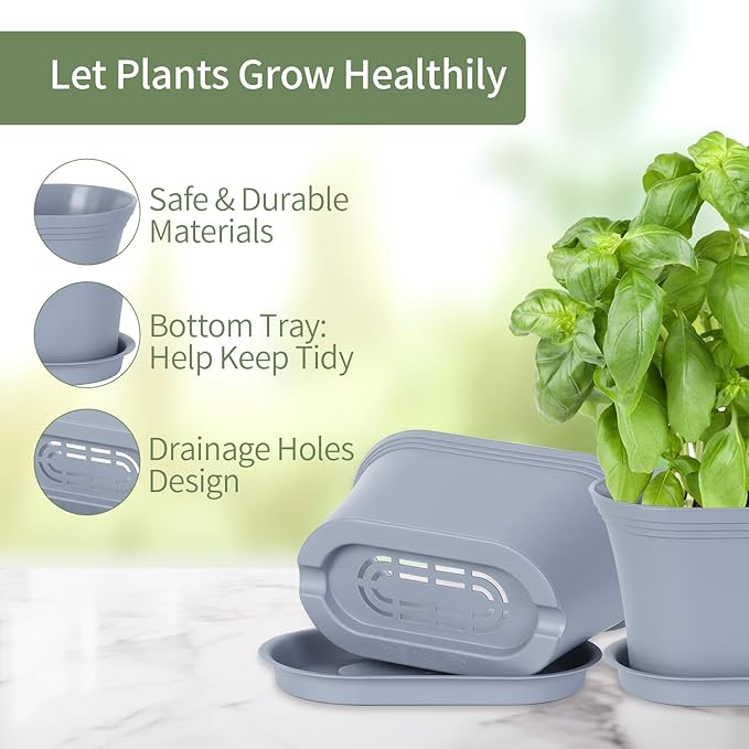 Windowsill Herb Garden Planter with Tray, Set of 6 Grey Oval Farmhouse Garden Pots for Indoor/Outdoor Plants (No Seeds) Oliz