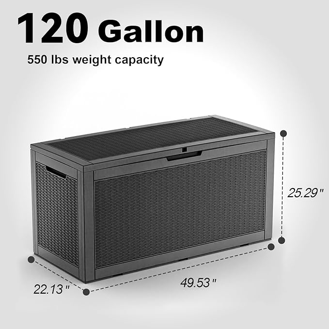 120 Gallon Waterproof Outdoor Storage Box,Resin Deck Box,Lockable Outside Storage Box Container for Patio Furniure,Garden,Tools (120 Gallon,Black) MAIUSCOLI