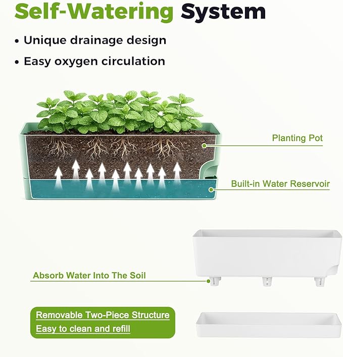 4 Pack Self Watering Pots for Indoor Plants 17 Inches Window Boxes Planters Rectangular Flower Pots Rectangle Herb Pots Large Plant Pots with Drainage Holes and Saucers Windowsill Planter, White KvyusFlourish