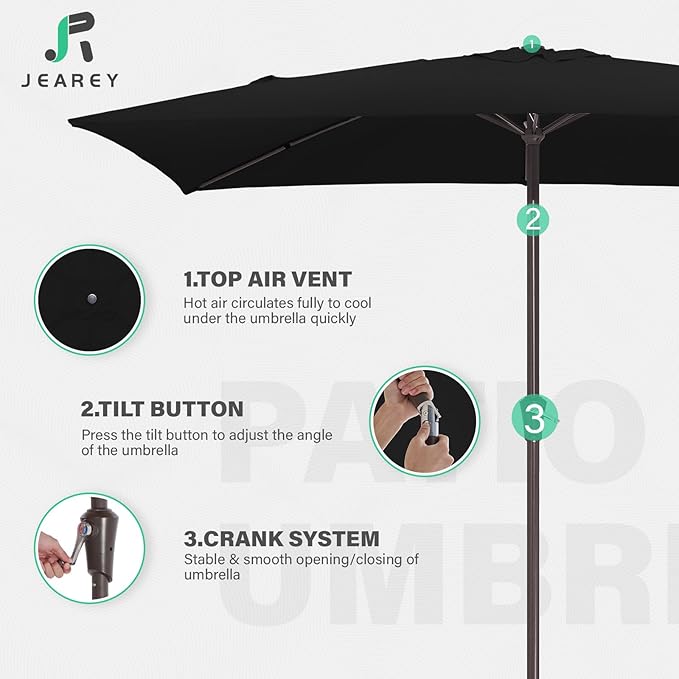 JEAREY 6.5x10 ft Rectangular Patio Umbrellas Rectangle Outdoor Umbrella with Push Button Tilt and Crank, Market Table Umbrella 6 Sturdy Ribs UV Protection for Poolside Garden Backyard Deck, Black JEAREYOutdoorsCollection