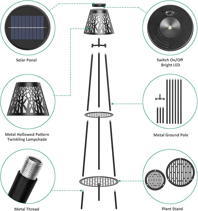 2 Pack 45.5'' Outdoor Floor Lamps with 2 Tier Plant Stand, Solar Powered Metal Waterproof Lights for Patio Deck Yard Garden Porch Decor VISFLAIR