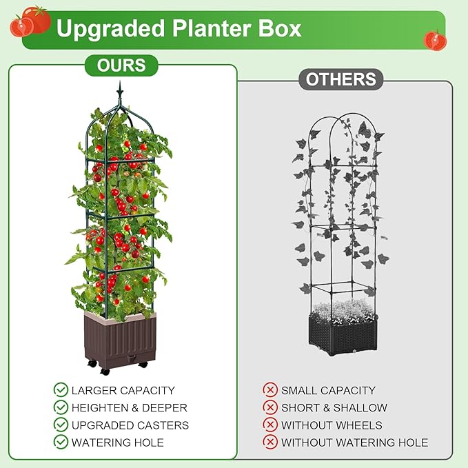 Raised Garden Bed Planter Boxes with Trellis,1pcs 70.9"Self-Watering Tomato Planter Boxes with Trellis for Climbing Vegetables Plants Flowers Tomato with Wheels,Use for Indoor Outdoor (Brown) MQHUAYU