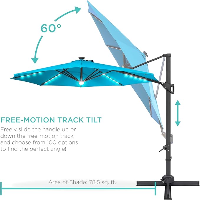 Best Choice Products 10ft Solar LED Cantilever Patio Umbrella, 360-Degree Rotation Hanging Offset Market Outdoor Sun Shade for Backyard, Deck, Poolside w/Lights, Easy Tilt, Cross Base BestChoiceProducts