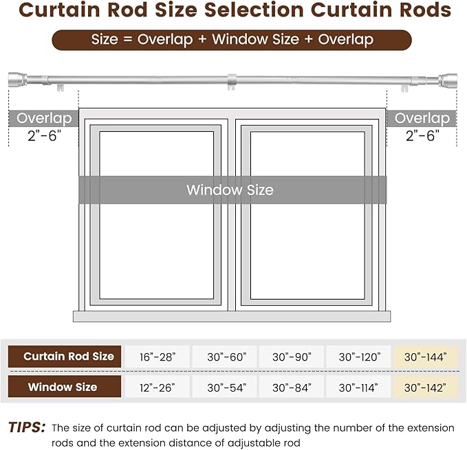 1” Diameter Curtain Rods Itself is 30 to144 inch 1 Pack Fit 30-142 inch, 66 to 120 inch Window with Heavy Duty Adjustable Rod Curtain Splicing Silver Extra Long Curtain Rod for Windows Rootora