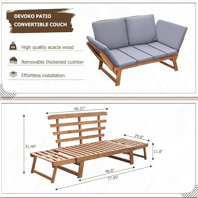 Devoko Outdoor Couch Acacia Wood Patio Couch with Adjustable Armrests, Outdoor Convertible Sofa with Removable Cushions & Pillows for Patio, Porch, Poolside(Grey) DEVOKO