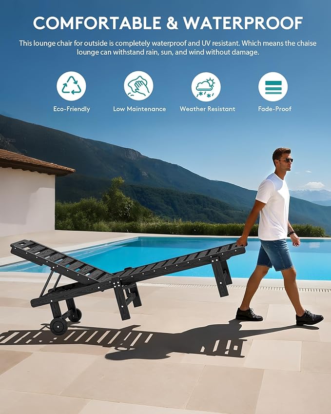 SERWALL Outdoor Chaise Lounge Set of 2 with 9FT Umbrella, HDPE Pool Lounge Chair with 5-Position Adjustable Backrest, Patio Lounger with Rolling Wheels & Cup Holder for Pool, Black SERWALL