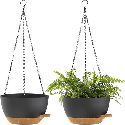 10 Inch Hanging Baskets 2 PC with Chains, Self-Watering Hanging Planters for Indoor Outdoor Plants, Plastic Hanging Flower Pots,Black Brown SQKH