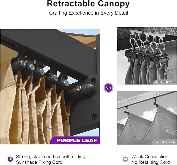 PURPLE LEAF 10' x 13' Aluminum Outdoor Pergola Wind-Resistant Retractable Pergola with Double Sun Shade Canopy Heavy-Duty Metal Pergola for Patios Backyard Deck Garden, Khaki Rootora
