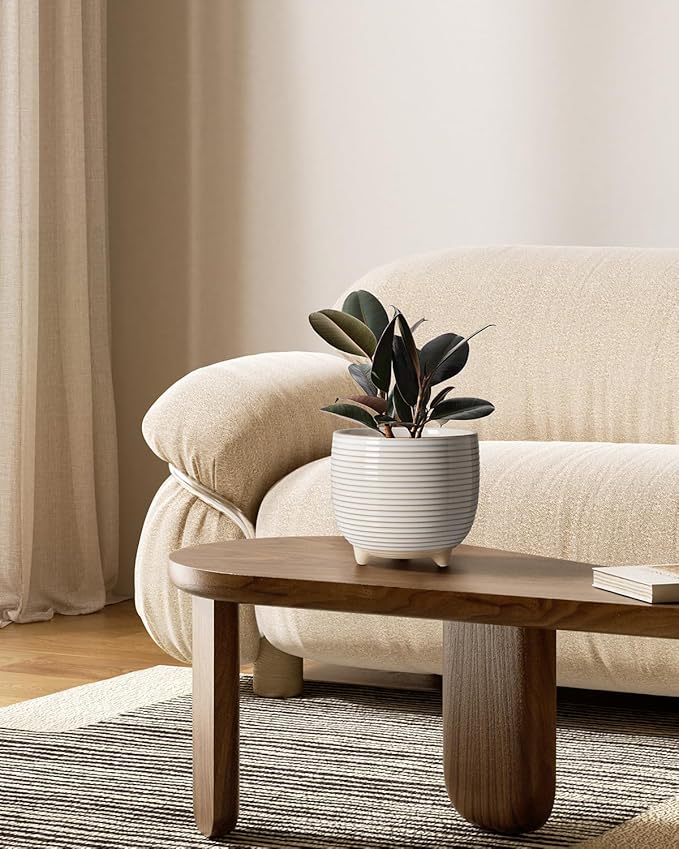 LE TAUCI Ceramic Plant Pots, 5.1 + 6.4 Inch Footed Pots for Plants, Modern Flower Pots for Home and Office, Indoor Planters with Drainage, Reactive Glaze White LETAUCI