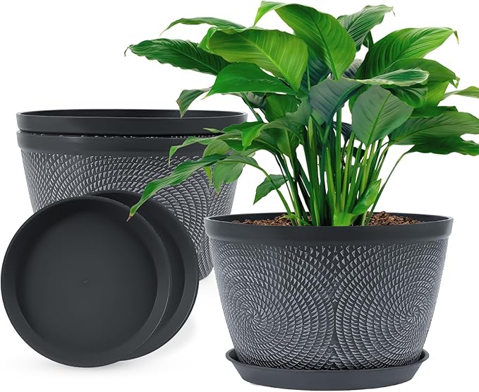 Quarut 10 Inch Flower Pots Planters for Outdoor Indoor, 3 Pack Plastic Plant Pots with Drainage Hole & Tray, Modern Decorative Garden Pot with Saucer, planters for House (Gray) Quarut