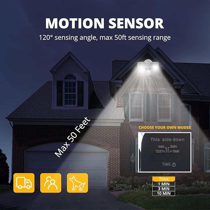 UME 19W LED Security Lights Motion Sensor Light Outdoor, 2000LM Motion Flood Light, 5000K, IP65 Waterproof, 2 Adjustable Head Motion Detector Security Light for Exterior,Outside,Garage,Yard(White) UME