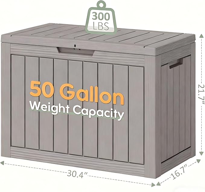 Outdoor Storage Box, Resin Deck Boxes Indoor and outdoor, Waterproof Storage Box Lockable Lid (Grey, 50 Gallon) NBYSGO