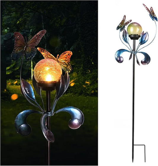 VCUTEKA Solar Lights Outdoor Metal Garden Stake Waterproof Crackle Glass Globe Garden Decor Butterfly for Pathway, Lawn, Patio, Yard VCUTEKA