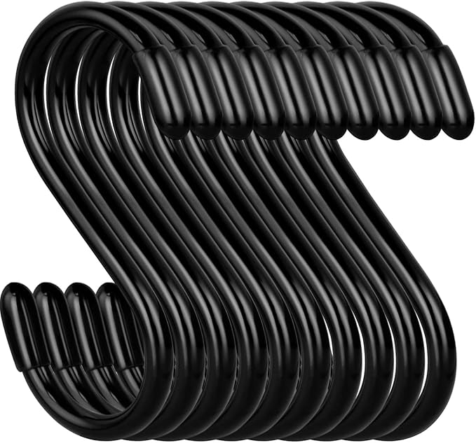 20 Pack Rubber Coated S Hooks for Hanging Plants,Heavy Duty S Hook,Non Slip 3 Inch Closet S Hooks,Steel Metal Black Vinyl Coated Small Hanging Hook for Jeans Pots and Pans Coffee Cups DINGEEUtilityHook