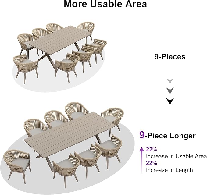 PURPLE LEAF 9 Piece Longer Outdoor Dining Set with Patio Aluminium Dining Table and Wicker Chairs Modern Furniture Cushions Sets for Backyard Indoor Decor Kitchen Champagne PURPLELEAF