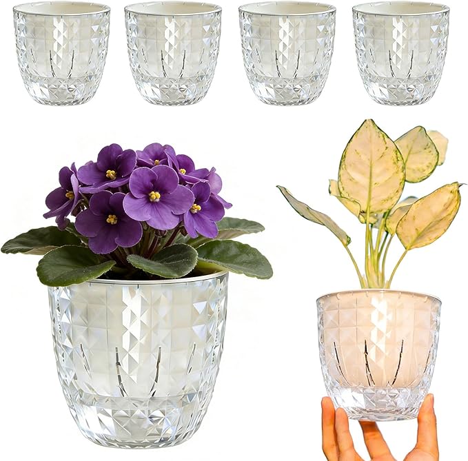 6 Pack 4 inch Self Watering Pots Planters for Indoor Plants, African Violets Pots with Wick Rope, Modern Plastic Nursery Pots for All House Plants,Flowers Succulents,Herbs,Cactus,Orchids XKYQSY