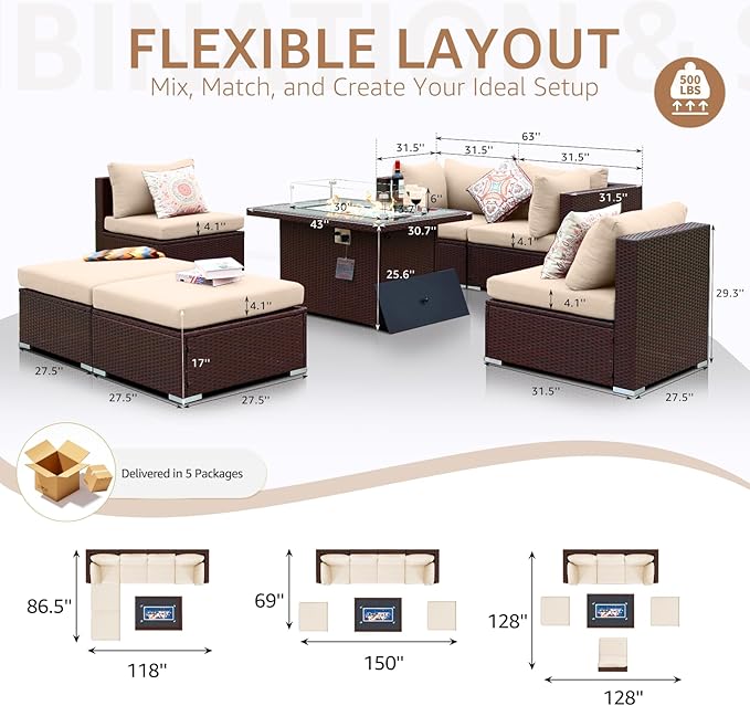 NICESOUL 7 Piece Outdoor Patio Sectional Furniture Set with Fire Pit Natural Gas/Propane, Large Size Comfortable Conversation Sets, 29.3'' High Back Deep Seat Sofa, Brown Rattan and Beige Cushion NICESOUL