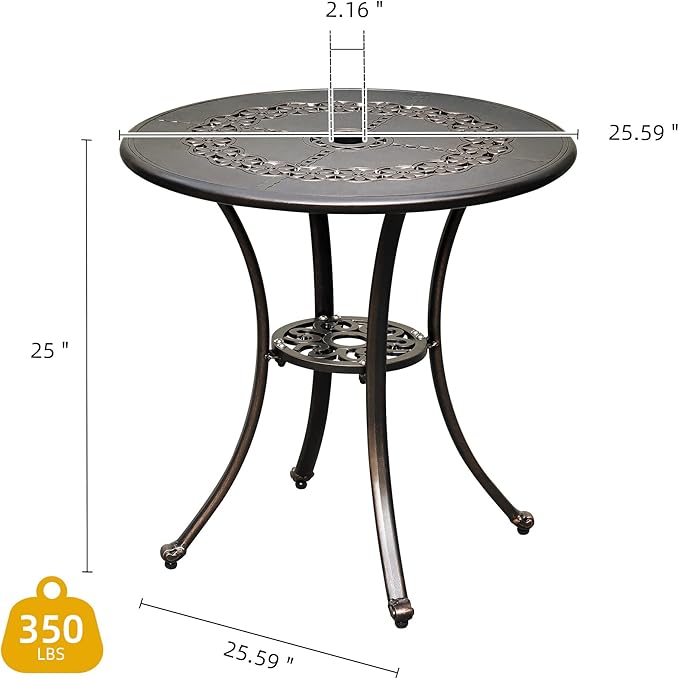 DWVO 25 Inches Round Patio Dining Table with Umbrella Hole, Antique Cast Aluminum Outdoor Bistro Table Outdoor Side Table for Backyard, Garden, Patio, Porch, Hammered Bronze DWVO