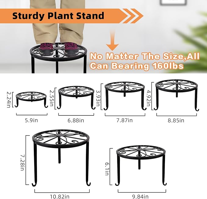 6-Pack Metal Plant Stand,Heavy Duty Flower Pot Stands for Multiple Plant,Outdoor Anti-Rust Plant Pot Shelf, Round Plant Holder for Outdoor/Indoor Planter, Living Room, Balcony Decor (6PACK BLACK) Acteomsly