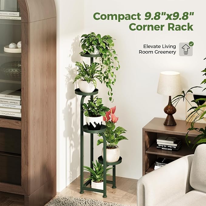 Bamworld Corner Plant Stand Indoor Outdoor, Tall Metal Flower Pot Stands for Multiple Plants, 4 Tier Dark Green Heavy Duty Plant Shelf for Patio Garden Balcony Living Room Bedroom(Patent Design) Bamworld
