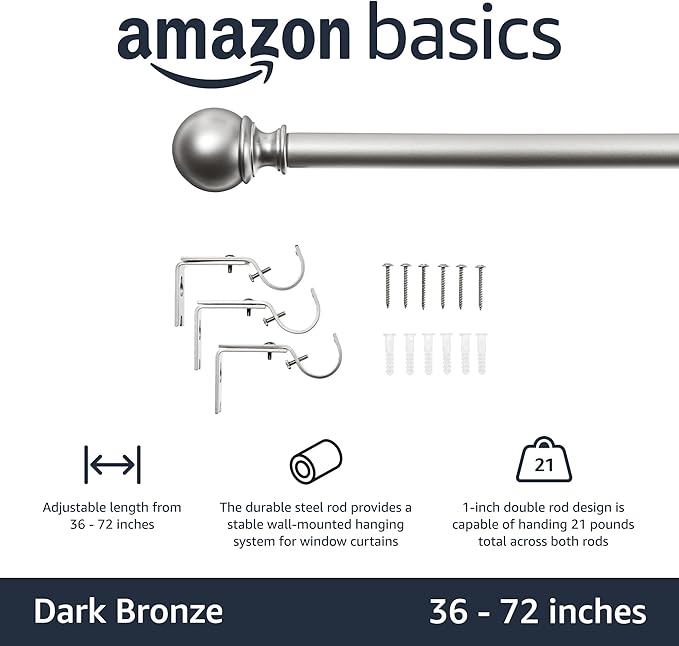 Amazon Basics Sturdy Adjustable Curtain Rod for Windows with Round Finials, Easy Installation, 1-Inch Rod, 36" to 72", Nickel, 1-Pack AmazonBasics