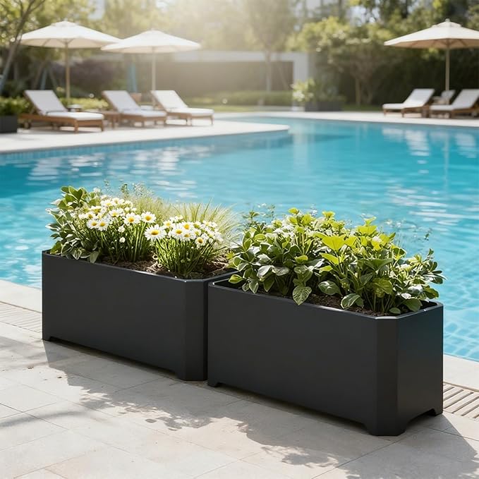 Steel Planter Box-32"x15"x15"-Rectangular Planters for Outdoor Plants, Black Matel Planter Box Raised Support Feet for Patio, Deck, Garden, Yard, Drain Holes, Easy Assembly GJWCVLOUTDOORLIFESELLER