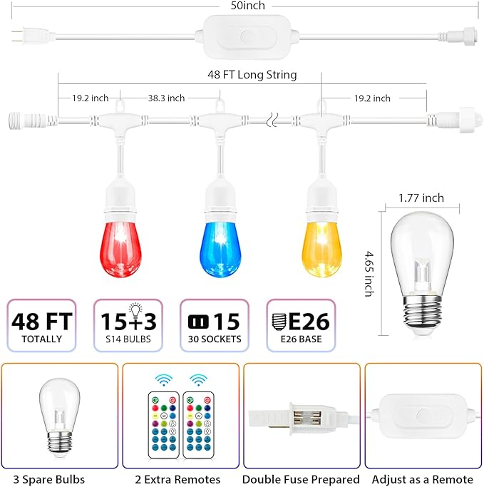Mlambert 48FT Outdoor Patio Lights, 6 Lighting Modes RGB Cafe String Lights with 15 Dimmable LED Shatterproof Bulbs for Deck Porch Gazebo-White 1 Pack Mlambert