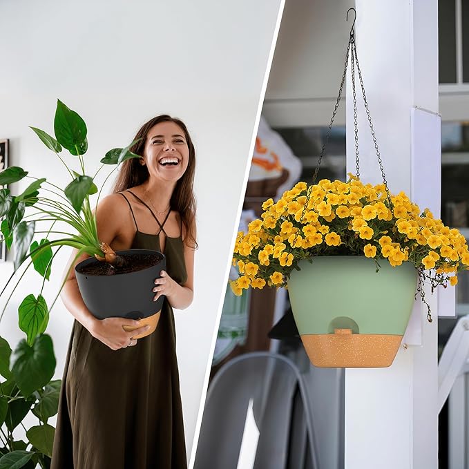 ZMTECH 12 Inch Hanging Planters for Indoor Outdoor Plants, 1 Pack Self Watering Hanging Plant Pots with Drainage Holes and Removable Saucer, Plastic Flower Hanging Pots with Watering Lip (Black) HighQualityGardeningTools