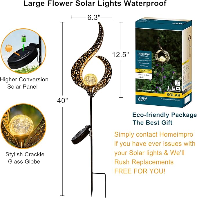 Outdoor Garden Gifts Solar Lights Stake Waterproof, Mothers Day Gifts Mom, Crackle Glass Metal Flower LED Yard Art Ornaments Lights for Pathway, Lawn or Courtyard, Birthday Gifts Women (Bronze) Homeimpro