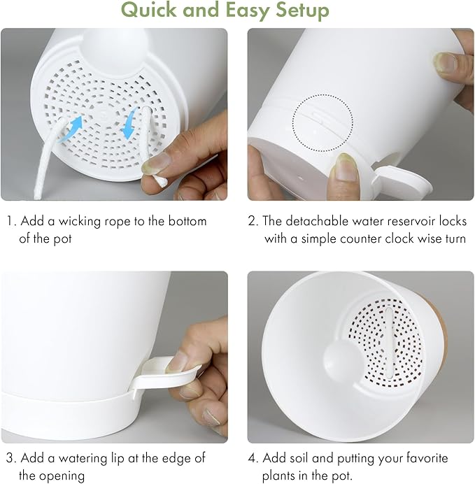 7/6.5/6/5.5/5/4 inch Self Watering Pots for Indoor Outdoor Plants, 6 Pack Plastic Flower Planters with Drainage Holes and Removable Saucers, Plant Pots with Wicking Rope, Modern Decor, White WSMKSZ