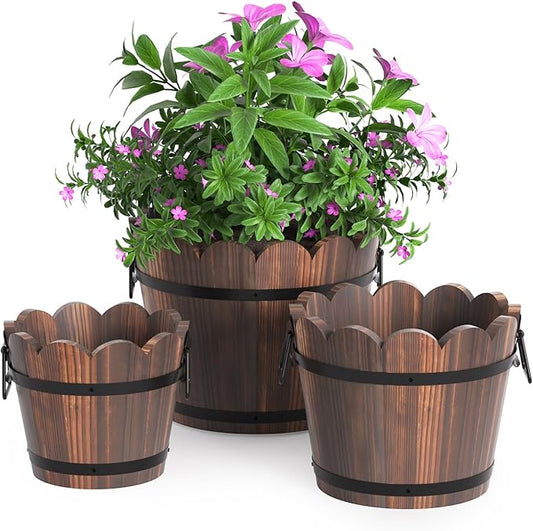 Wooden Bucket Barrel Planters, Rustic Patio Planters Flower Pots for Plants Indoor Décor, Set of 3 HakkaGirl