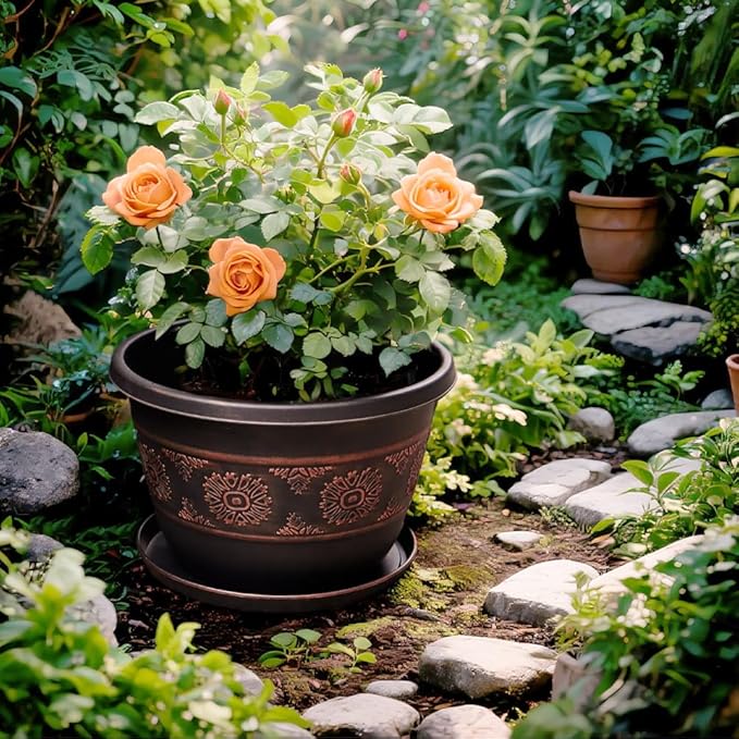 4 Pack 10 inch Plant Pots, Retro Pattern Planters with Drainage Holes and Saucer, Sturdy Plastic Garden Flower Pots for Indoor & Outdoor Plants Usocik