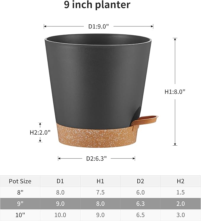 FaithLand 2-Pack 9 Inch Planter Pots for Indoor Outdoor Plants, Self Watering Flower Pots with Deep Reservoir, Black with Terracotta … FaithLand
