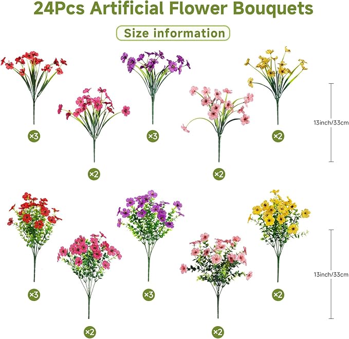 Alupssuc 24 Bundles Artificial Flowers for Outdoors Decoration, UV Resistant Silk Faux Daisy Flora Spring Fake Plastic Plants Greenery for Outside Indoor Yard Home Porch Window Box Decor, Mix 5 Colors Alupssuc