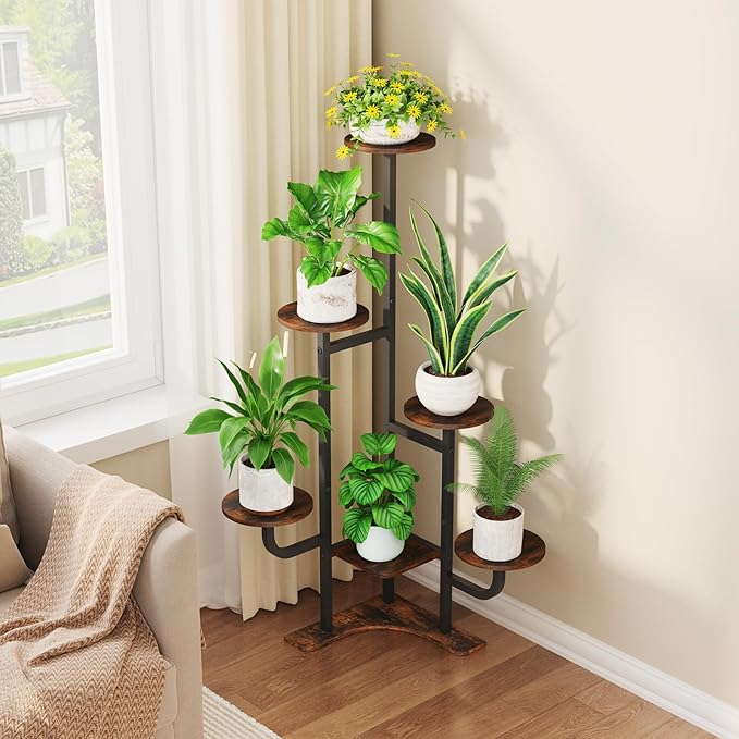 Corner Plant Stand with Grow Light - 6 Tier Plant Stand Indoor Round Metal Plant Shelf with Adjustable Light, Plant Organizer for Living Room, Graden, Home Decor (Brown) Homsorout