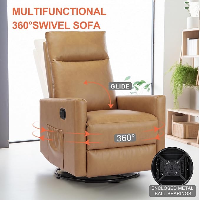 Sweetcrispy Recliner Chair, 360 Swivel Rocker Chair for Adults, Glider Rocker Recliners, Nursery Chairs for Living Room, High Back, Upholstered Deep Seat, Classical Brown Sweetcrispy