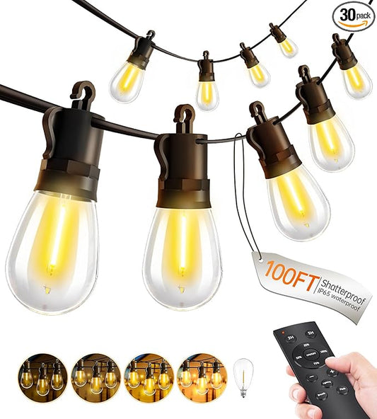 Outdoor String Lights Patio LED Light Outside - 30M 28+2 S14 LED with Remote Control 100ft Porch Lighting IP65 Waterproof Rootora