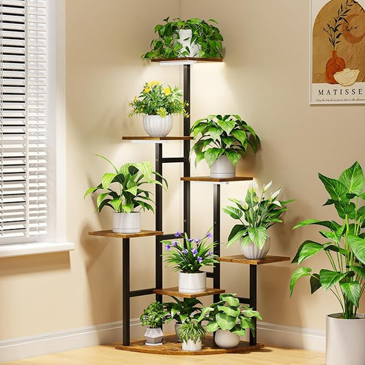 Corner Plant Stand Indoor with Grow Lights, 7 Tiered Plant Shelf Indoor, 43" Corner Plant Stands for Indoor Plants, Metal Plant Flower Display Shelves, Plant Organizer Rack for Living Room, Balcony, Home Decor Nedechom