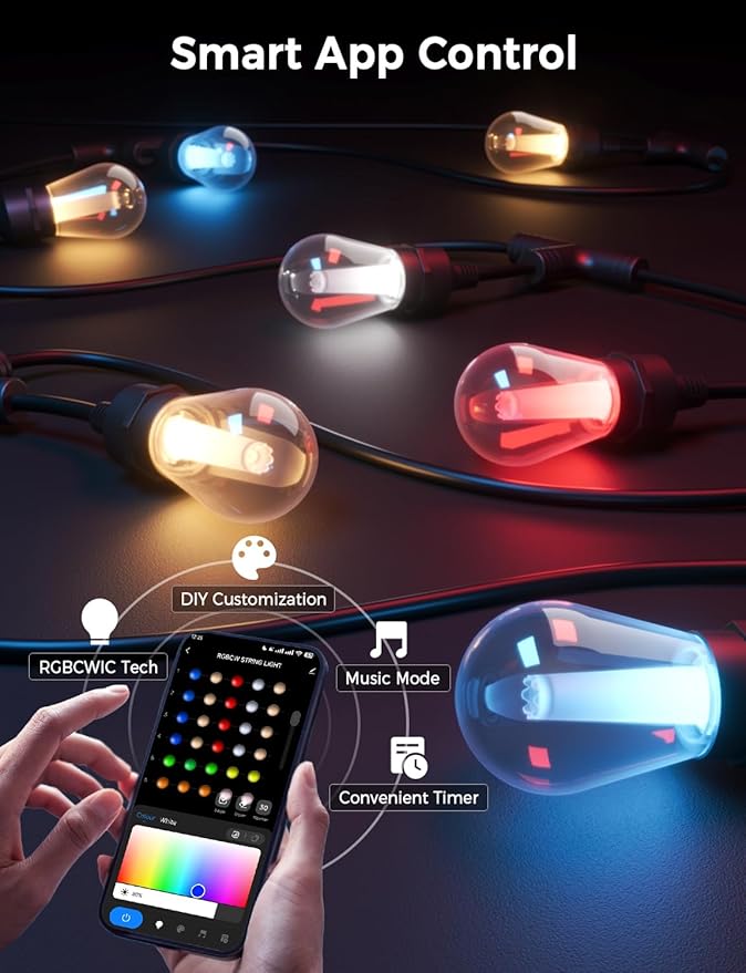 XMCOSY+ Smart Outdoor String Lights, 72.5Ft Patio Lights Waterproof, App Control, Compatible with Alexa, RGBCWIC Color Changing LED String Light for Outside XMcosy