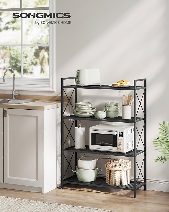 SONGMICS 4-Tier Metal Storage Rack, Shelving Unit with X Side Frames, Dense Mesh, 12.6 x 31.5 x 44.3 Inches, for Entryway, Kitchen, Living Room, Bathroom, Industrial Style, Ink Black UBSC184B01 SONGMICSbySONGMICSHOME